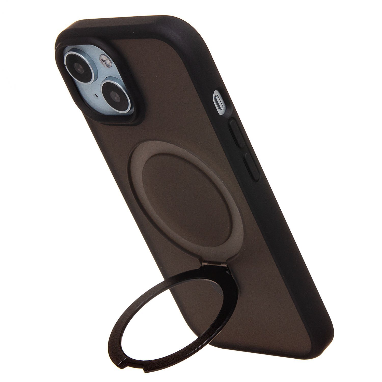 Чехол силиконовый MagSafe iPhone 15, с кольцом подставкой, черный