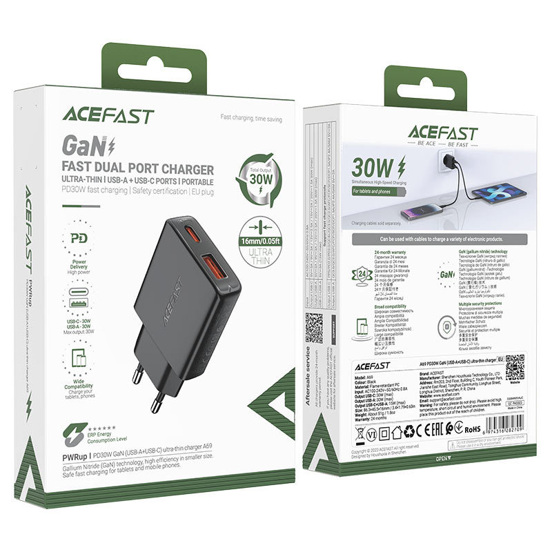 Сетевой адаптер ACEFAST A69 PD30W GAN USB-A + USB-C charger, черный