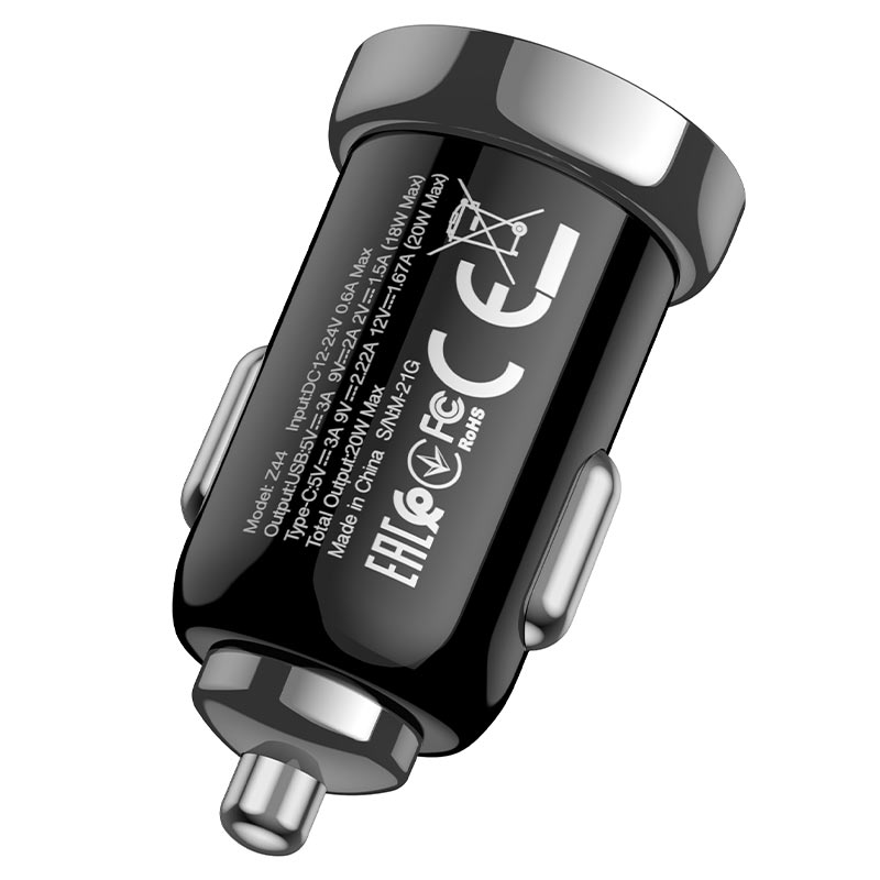 Автомобильный адаптер HOCO Z44 PD20W + QC3.0 без кабеля, черный