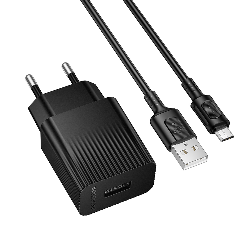 Сетевой адаптер BOROFONE BAS71A Erudite (1 USB, 2.1A) с кабелем Type-C, черный