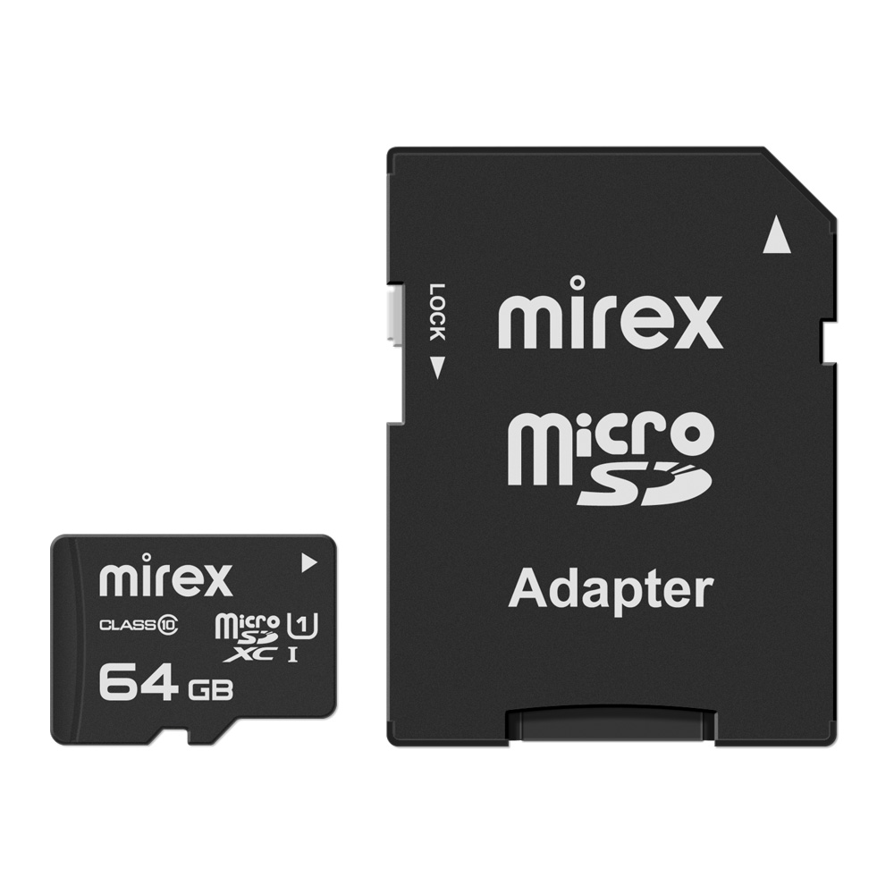 Карта памяти MicroSDXC Mirex 64 GB класс 10 (UHS-I, U1, class 10) с адаптером