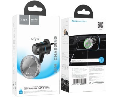 Держатель автомобильный с беспроводной зарядкой HOCO HW6 vision metal magnetic, черно-серый