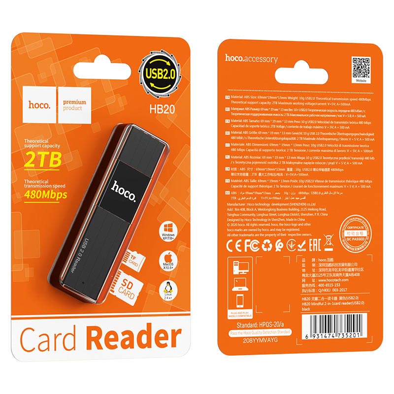 Card-Reader HOCO HB20 Mindful 2-в-1 USB 2.0, USB - TF/SD, черный