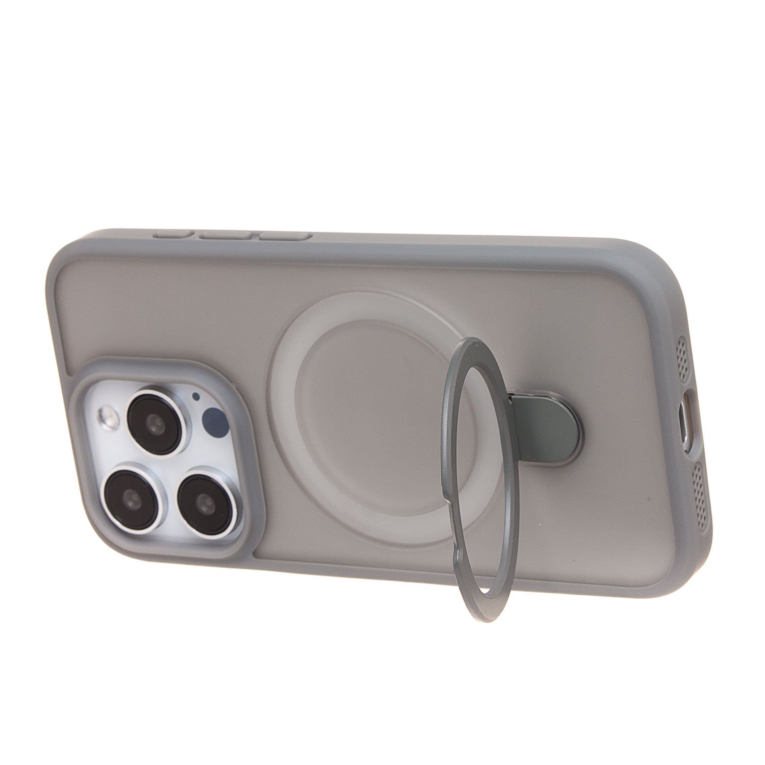 Чехол силиконовый MagSafe iPhone 15, с кольцом подставкой, серый