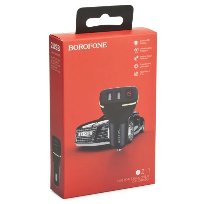 Автомобильный адаптер BOROFONE BZ11 2 USB (2100+2100) с дисплеем, черный