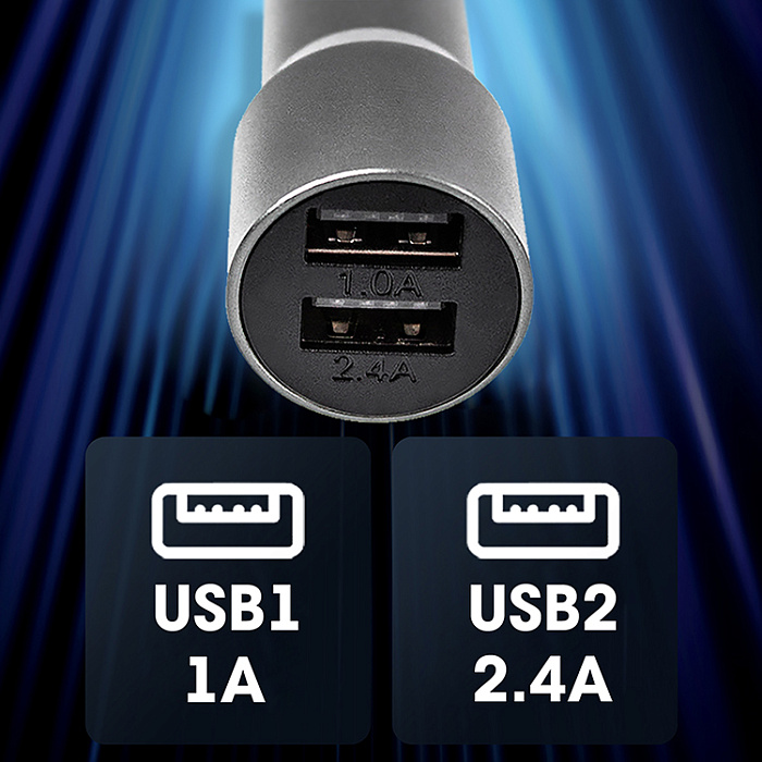 Автомобильный адаптер WALKER WCR-22 12W, 2USB (1000+2400) удлиненный корпус, серый