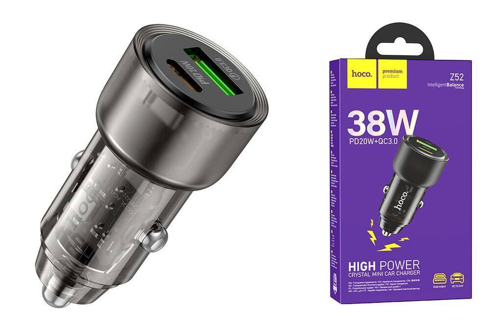Автомобильный адаптер HOCO Z52 Spacious PD38W+QC3.0, прозрачный черный