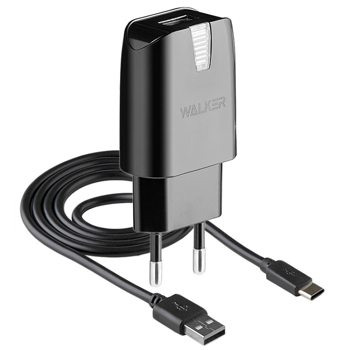 Сетевой адаптер WALKER 2в1 WH-21, 2.1А, 10,5Вт, USB, с кабелем Type-C, черное