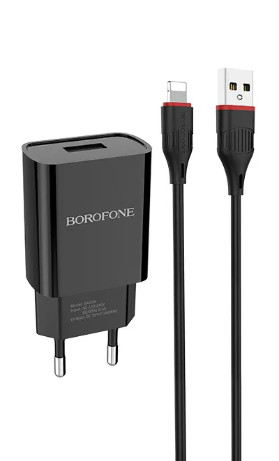 Сетевой адаптер BOROFONE BA20A (1 USB, 2.1A) с кабелем Lightning, черный