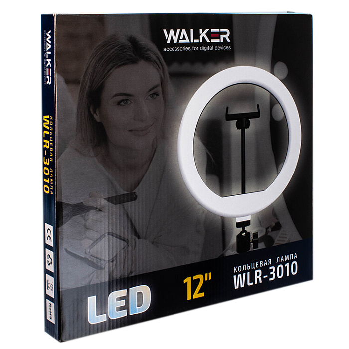 Кольцевая лампа (30см) c дepжaтeлем для cмapтфoнa WALKER WLR-3010 белый цвет (без штатива)