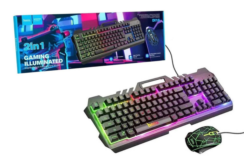 Комплект клавиатура проводная мышь проводная HOCO Di16 с подсветкой RGB, черный
