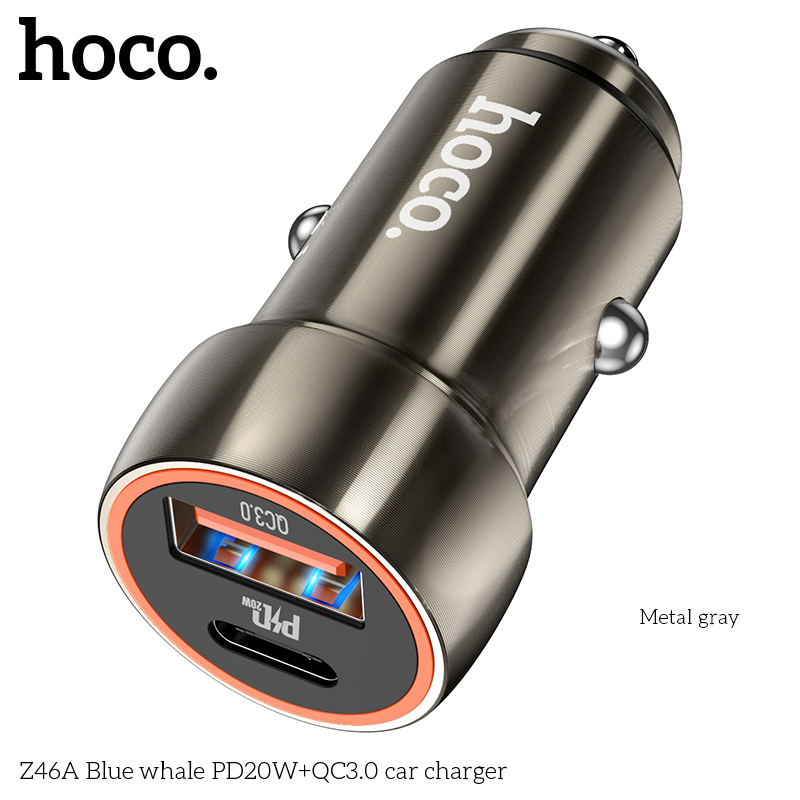 Автомобильный адаптер HOCO Z46A Blue whale PD20W + QC3.0, серый