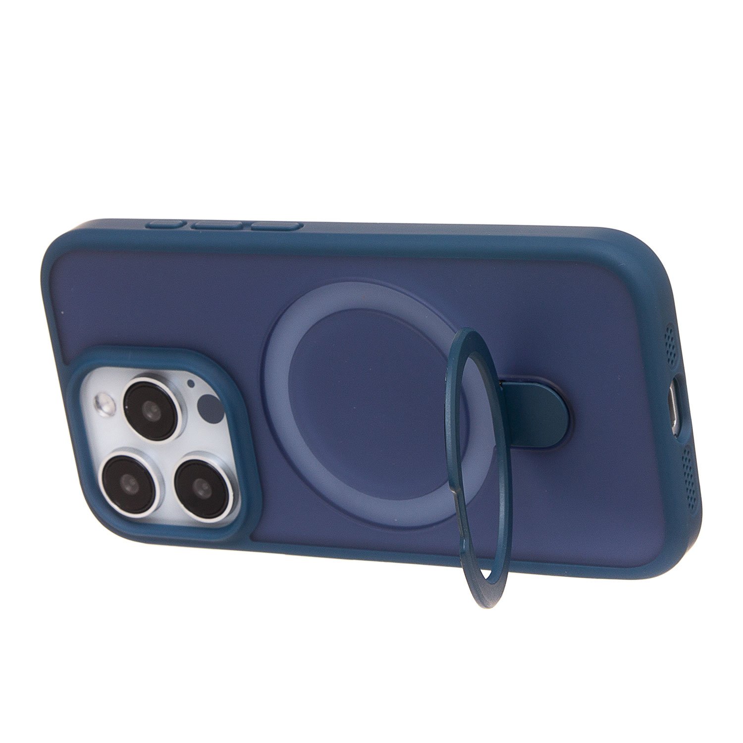 Чехол силиконовый MagSafe iPhone 15 Pro, с кольцом подставкой, темно-синий