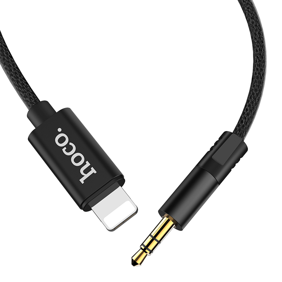 Кабель AUX джек 3,5 вход - Lightning HOCO UPA19 (100см), тканевая оплетка, черный