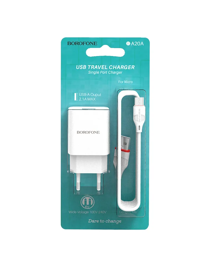 Сетевой адаптер BOROFONE BA20A (1 USB, 2.1A) с кабелем Micro, белый