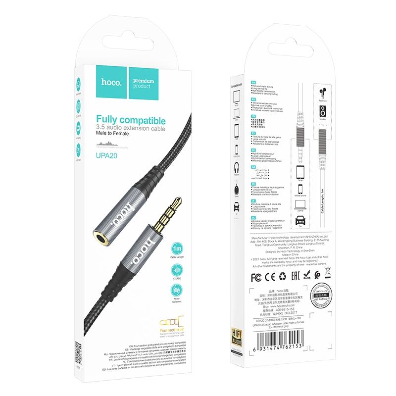 Кабель AUX джек 3,5 выход/3,5 вход HOCO UPA20 (200см) удлинитель, серый