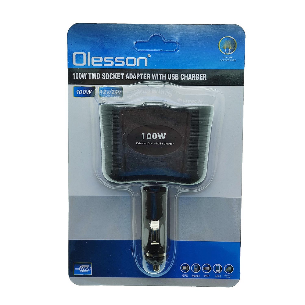 Разветвитель розетки автоприкуривателя OLESSON 1646 (2 гнезда, 1 USB, 100W) черный