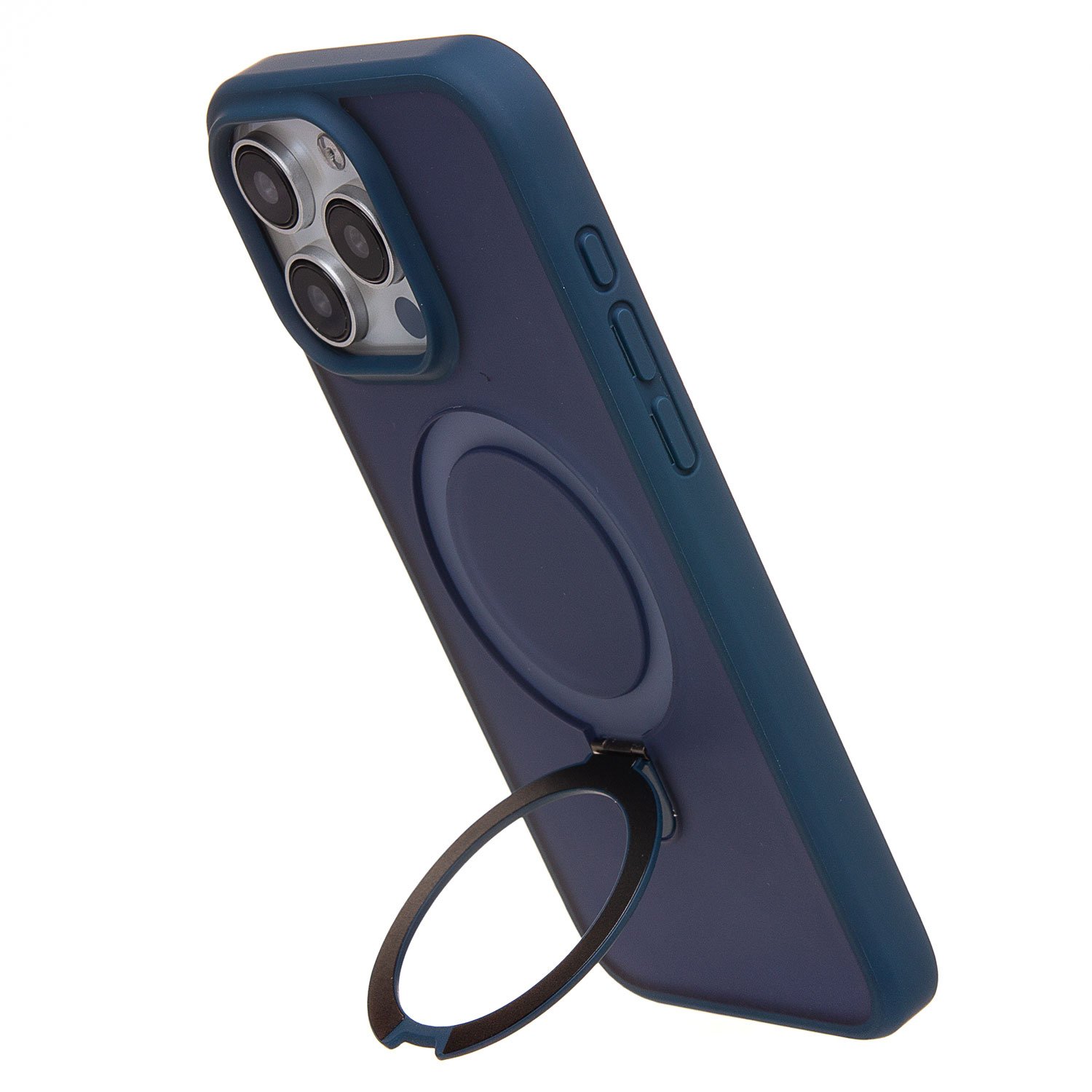 Чехол силиконовый MagSafe iPhone 15 Pro Max, с кольцом подставкой, темно-синий