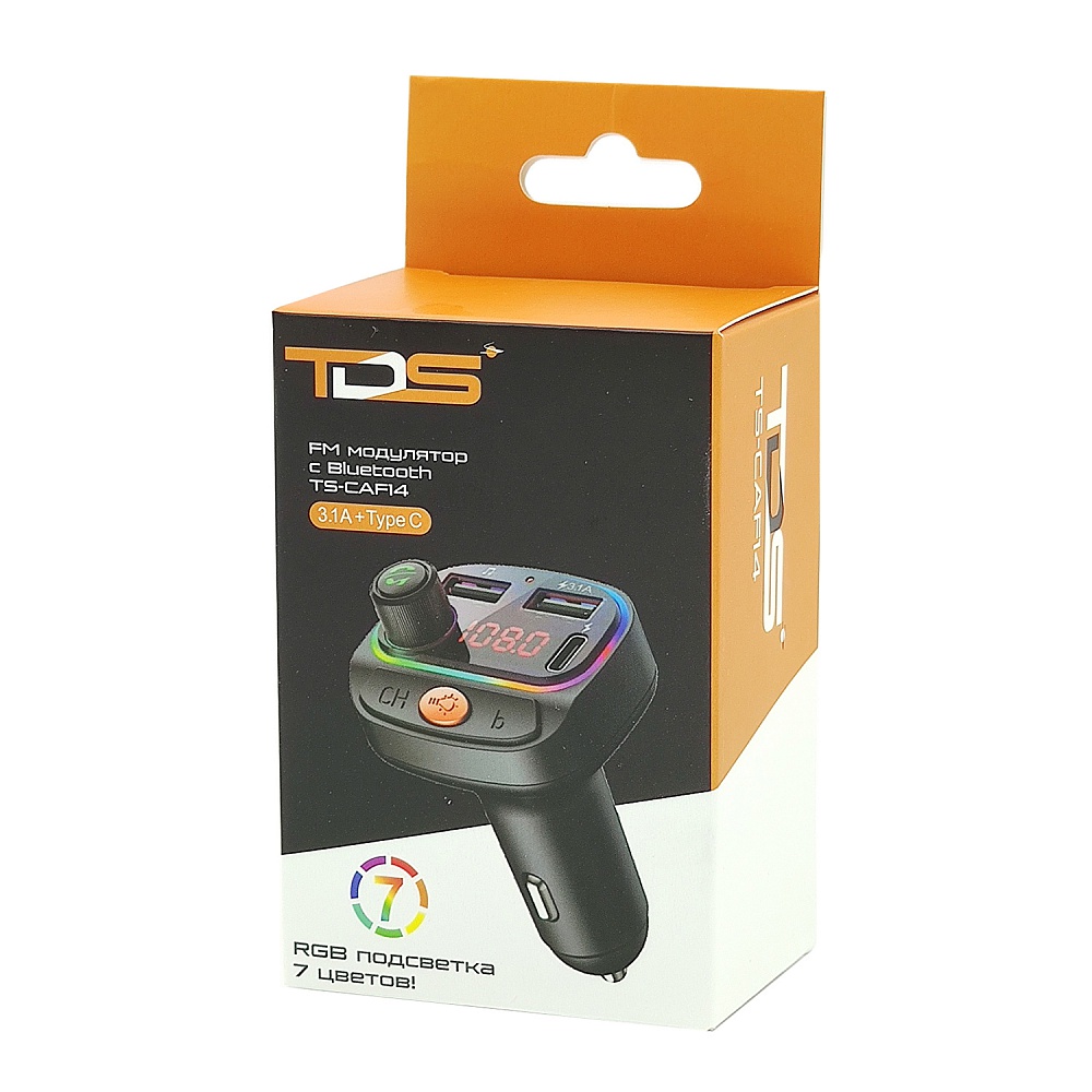 USB MP3 плеер с FM трансмиттером с дисплеем TDS TS-CAF14 (Bluetooth, RGB, USB 3.1, Type-C) черный