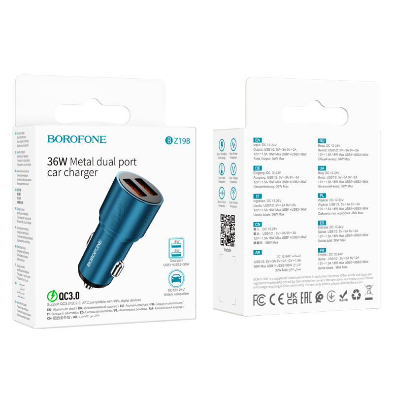 Автомобильный адаптер BOROFONE BZ19B  Wisdom 36W dual port QC3.0 car charger, синий