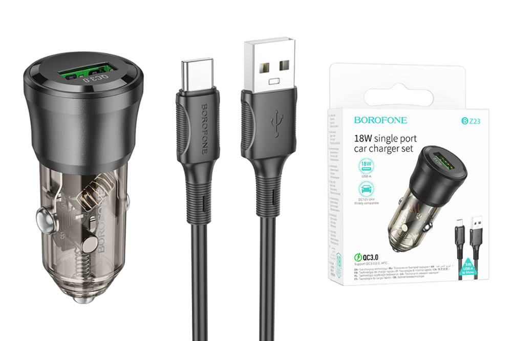 Автомобильный адаптер BOROFONE BZ23 QC 3.0, кабель TYPE-C, прозрачный черный