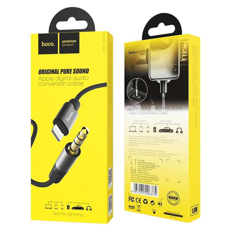 Кабель AUX джек 3,5 вход - Lightning HOCO UPA13 Sound source series Apple, черный