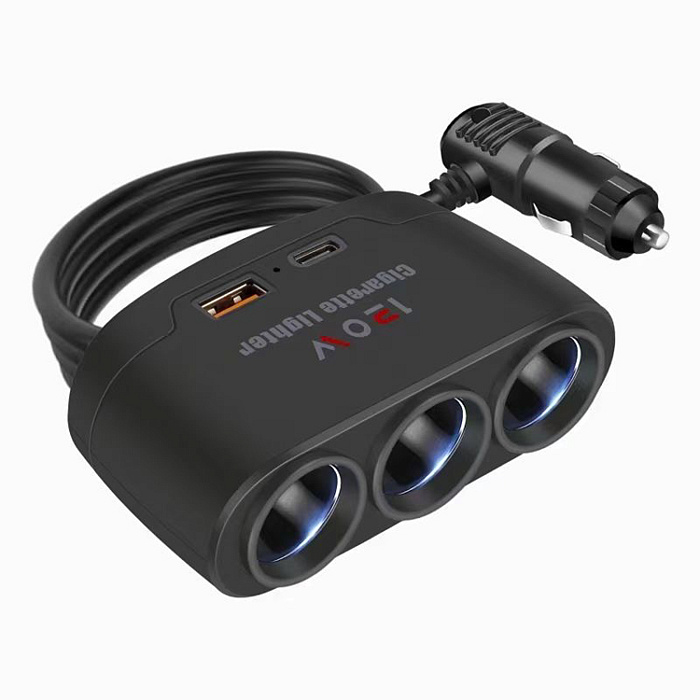 Разветвитель розетки автоприкуривателя WALKER WSC-21 (80BT, 3 гнезда, USB 2.1A, USB-C), черный