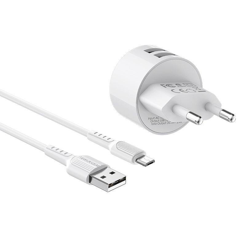 Сетевой адаптер BOROFONE BA23A Briliant dual port charger (2 USB, 2.4A) с кабелем Micro, белый