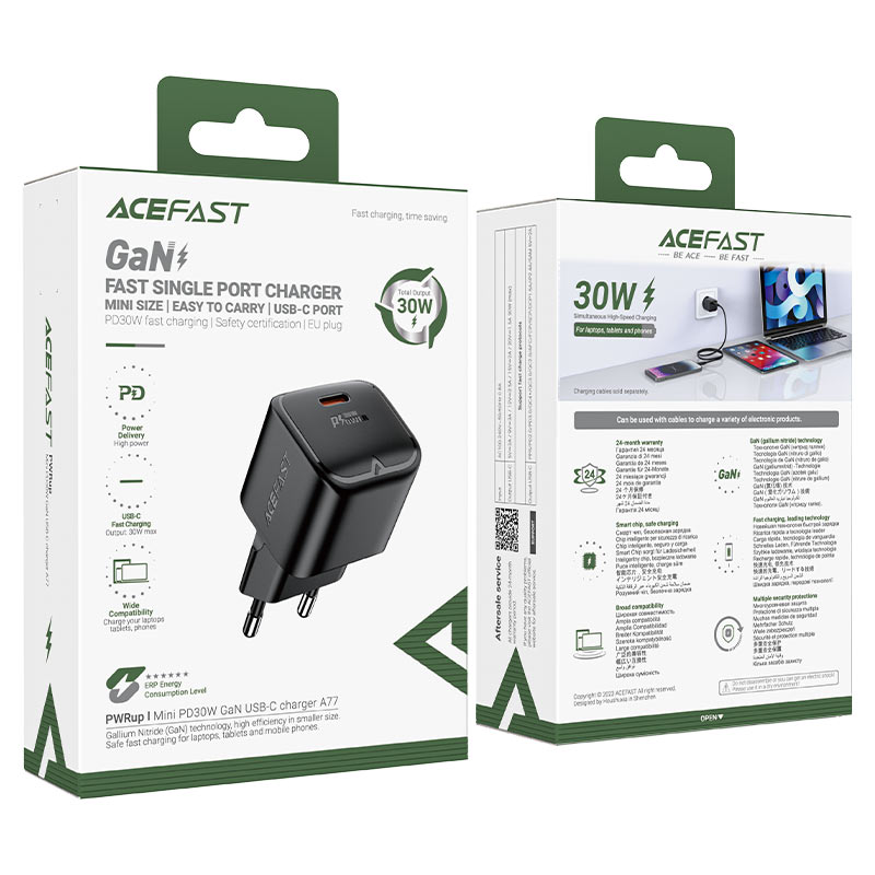 Сетевой адаптер ACEFAST A77 mini PD30W GAN single USB-C charger, черный