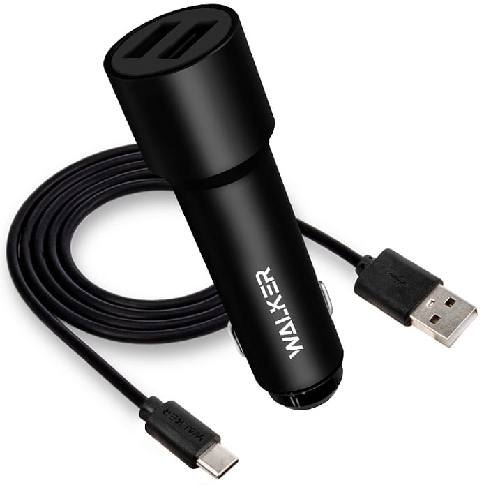 Автомобильный адаптер WALKER WCR-22 12W, 2USB (1000+2400) удлиненный корпус + кабель Type-C, черный