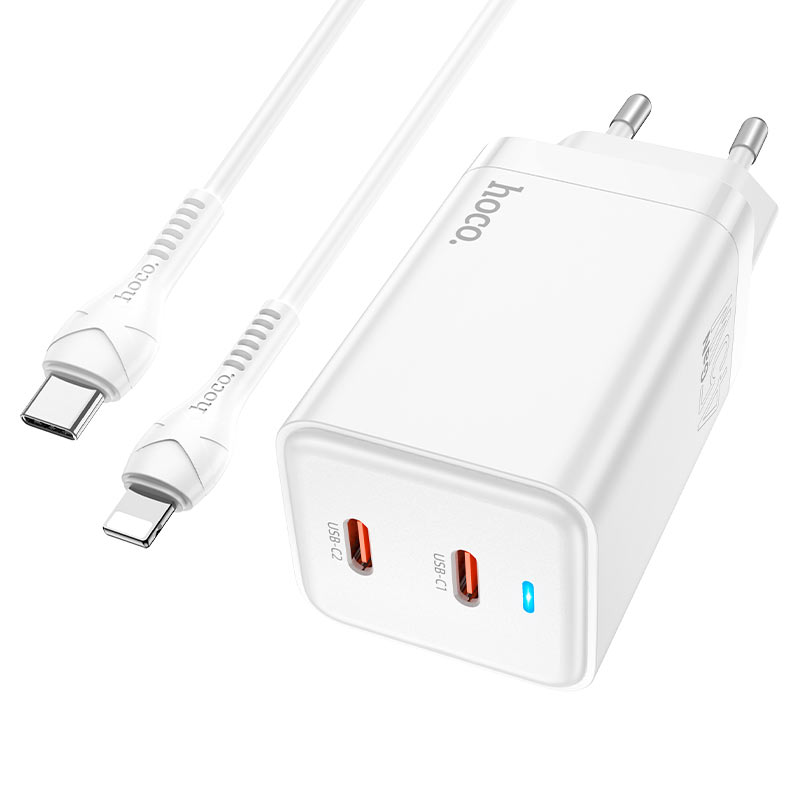 Сетевой адаптер HOCO N23 Astral PD45W dual port (2C) charger set кабель Type-C to Lightning, белый