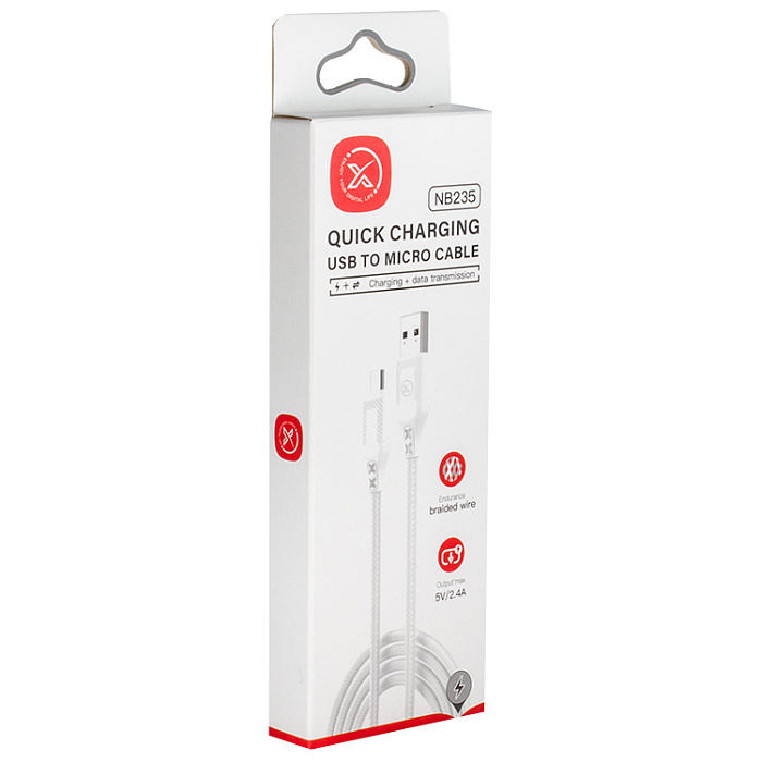USB кабель micro USB XO NB-235, 2,4А, нейлон, 1,0 м, белый.