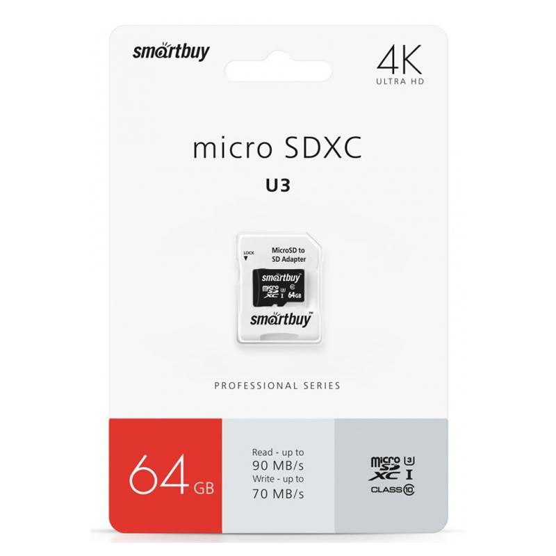 Карта памяти MicroSDXC Smartbuy 64 GB PRO U3 R/W:90/70 MB/s (с адаптером SD) (SB64GBSDCL10U3-01)