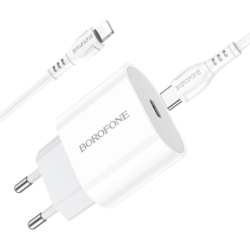 Сетевой адаптер BOROFONE BA61A Origin single с кабелем Type-C to Lightning, белый