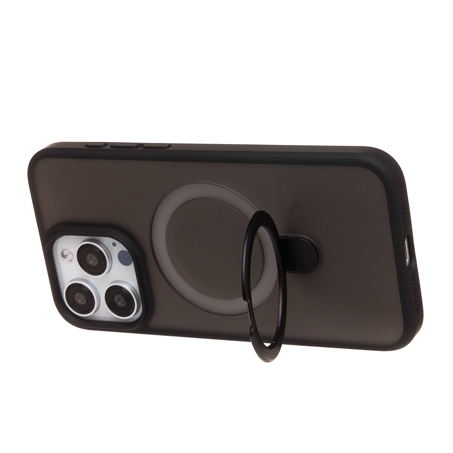 Чехол силиконовый MagSafe iPhone 15 Pro Max, с кольцом подставкой, черный