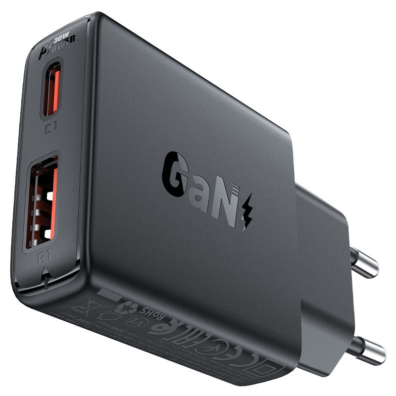 Сетевой адаптер ACEFAST A69 PD30W GAN USB-A + USB-C charger, черный