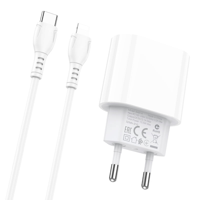 Сетевой адаптер BOROFONE BA61A Origin single с кабелем Type-C to Lightning, белый