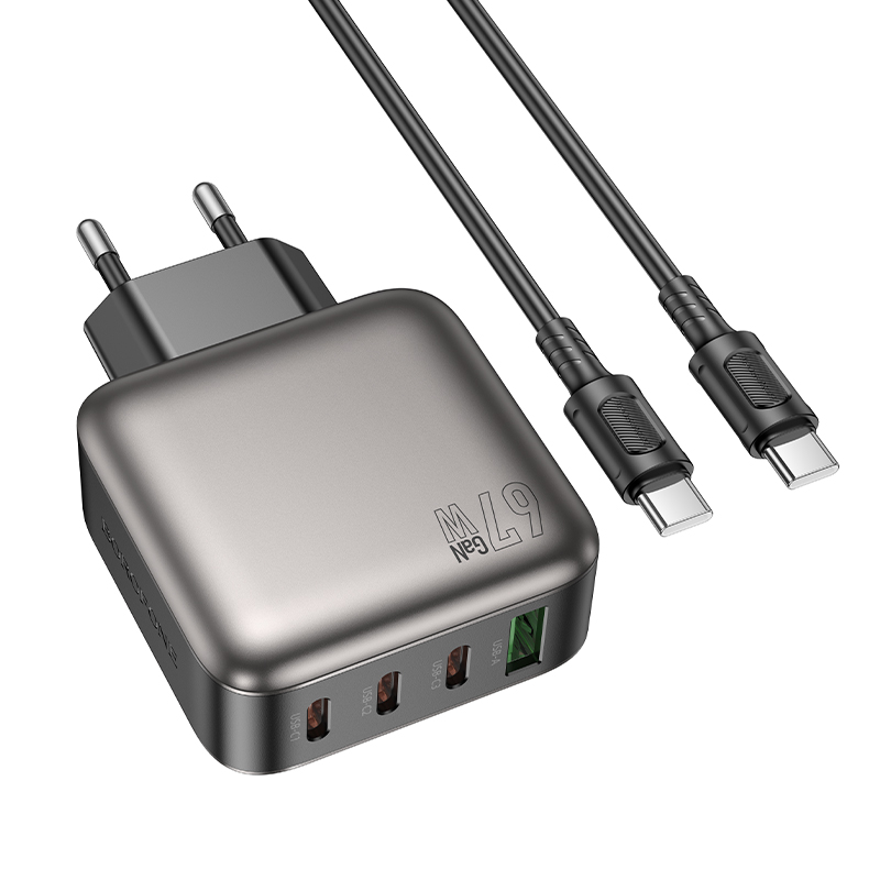 Сетевой адаптер BOROFONE BAS57A, 1USB/3Type-C, QC3.0+PD67W, 3А с кабелем Type-C-Type-C 1м, черный