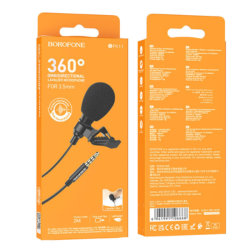Микрофон петличный BOROFONE BFK11 (Jack 3.5 mm), черный
