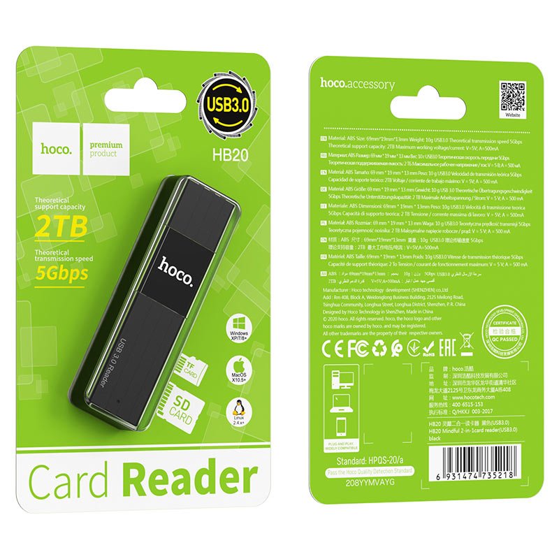 Card-Reader HOCO HB20 Mindful 2-в-1 USB3.0, USB - TF/SD, черный