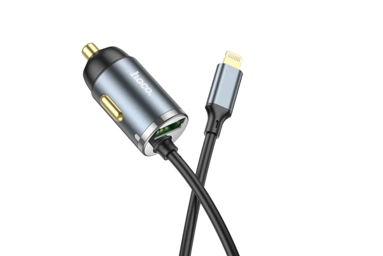 Автомобильный адаптер HOCO NZ7 PD20W + QC3.0 с кабелем Lightning, серый