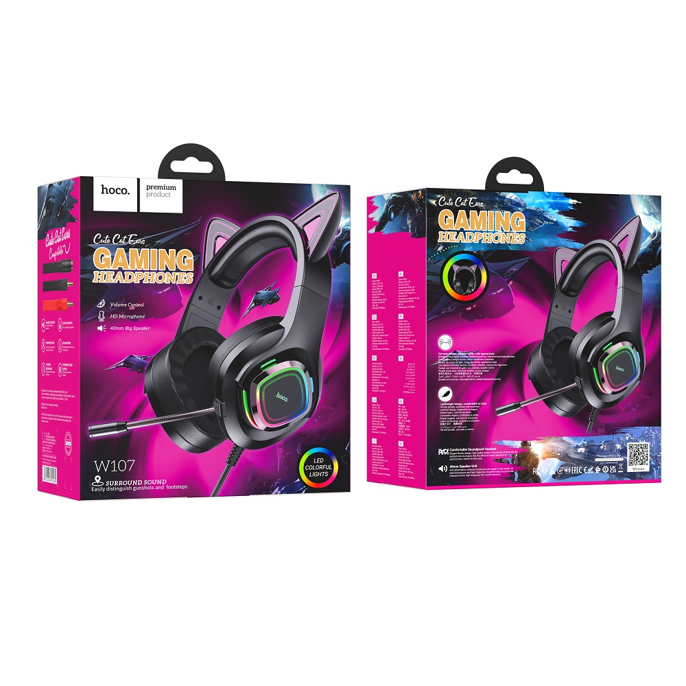 Проводные внешние наушники HOCO W107 Cute cat luminous cat ear gaming headphones, эльфийский кот