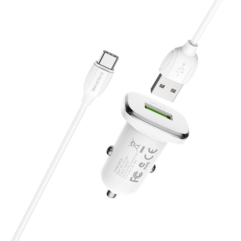 Автомобильный адаптер BOROFONE BZ12A Lasting power port QC 3.0 с кабелем Type-C, белый