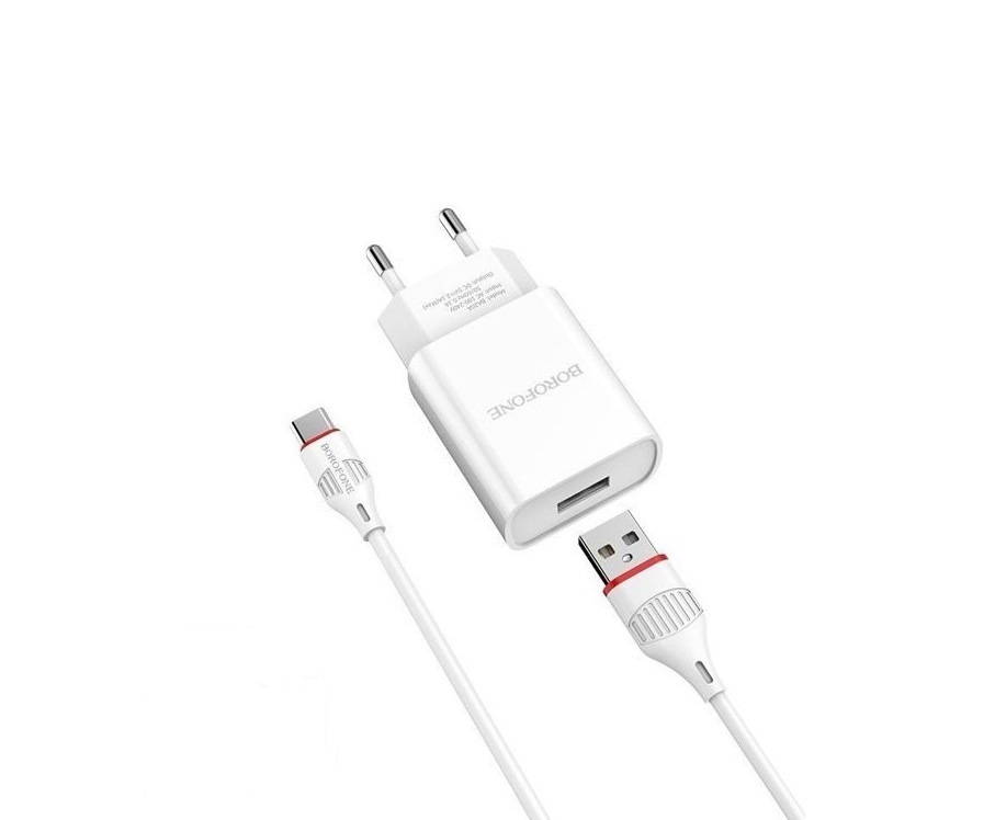 Сетевой адаптер BOROFONE BA20A (1 USB, 2.1A) с кабелем Type-C, белый