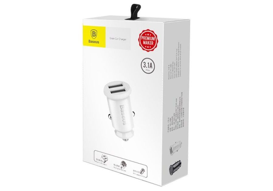 Автомобильный адаптер BASEUS Grain C-8K (2 USB, 3.1A, 30W), белый