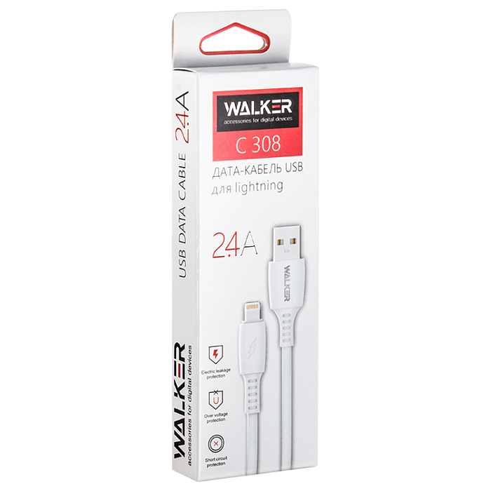 USB кабель Lightning WALKER C308, 2.4А,  QC, (100см), белый
