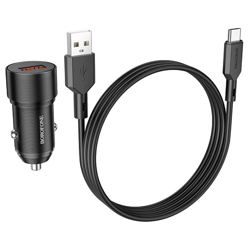 Автомобильный адаптер BOROFONE BZ19A Wisdom single port QC3.0 car charger set + кабельType-C, черный