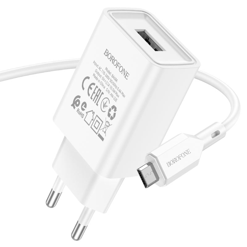 Сетевой адаптер BOROFONE BA68A Glacierl port charger (USB 2.1A) с кабелем Micro, белый