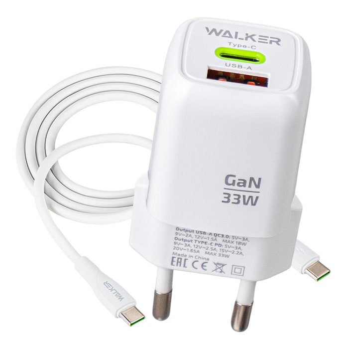 Сетевой адаптер WALKER  WH-71 GaN, 3A, 33W, USB+USB-C + кабель Type-C to Type-C QC/PD, белый