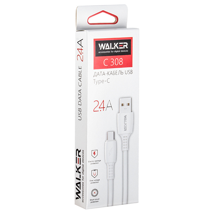 USB кабель Type-c WALKER C308, 2.4А,  QC, (100см), белый
